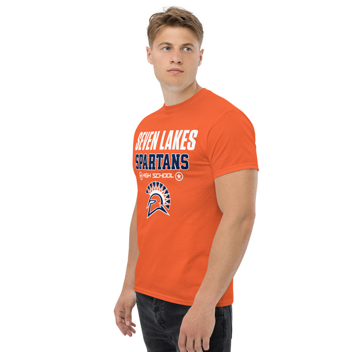 Man wearing Seven Lakes High School Spartans Orange Classic Unisex T-shirt 003