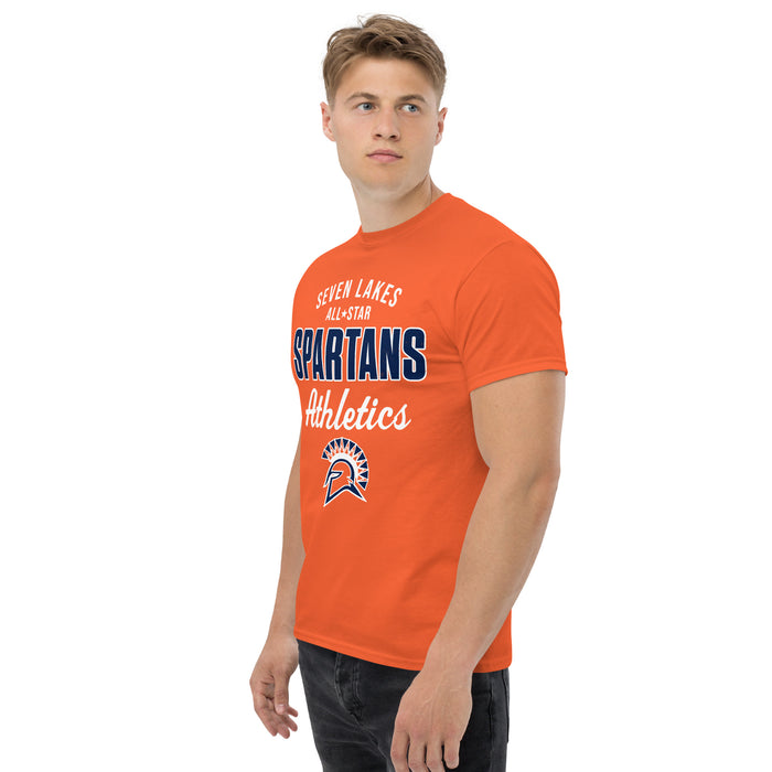 Man wearing Seven Lakes High School Spartans Orange Classic Unisex T-shirt 034