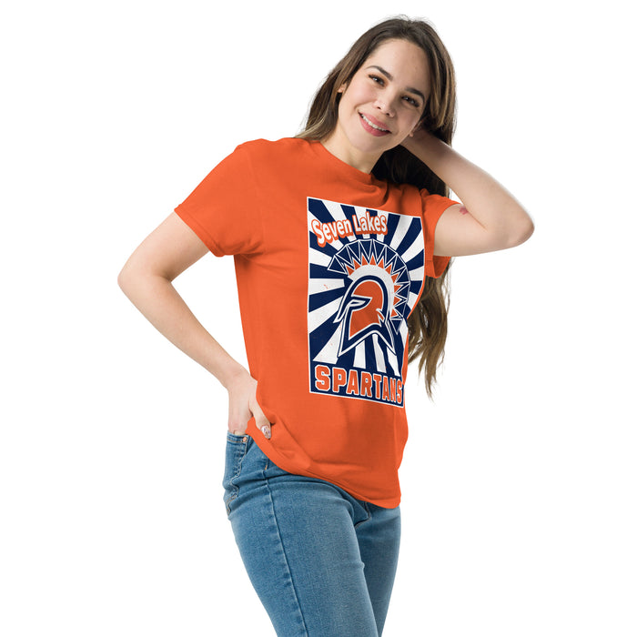 Woman wearing Seven Lakes High School Spartans Orange Classic Unisex T-shirt 226