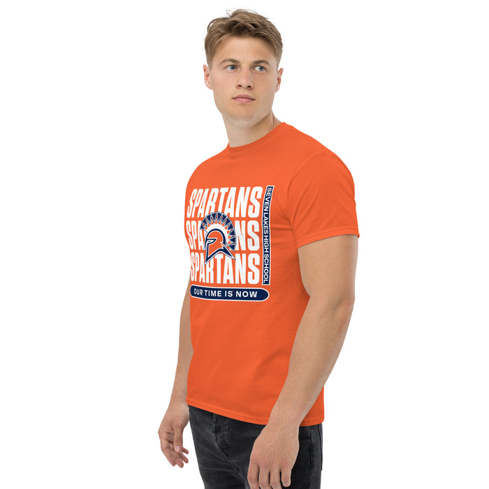 Man wearing Seven Lakes High School Spartans Orange Classic Unisex T-shirt 235