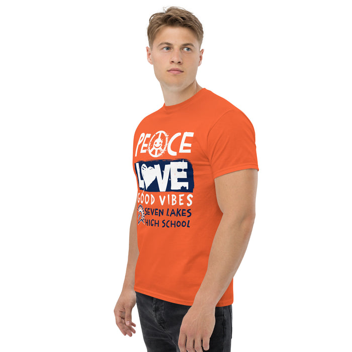 Man wearing Seven Lakes High School Spartans Orange Classic Unisex T-shirt 240