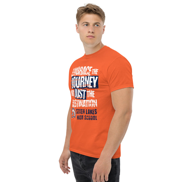 Man wearing Seven Lakes High School Spartans Orange Classic Unisex T-shirt 232