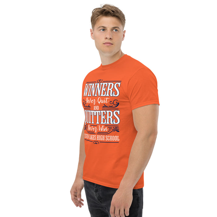 Man wearing Seven Lakes High School Spartans Orange Classic Unisex T-shirt 237