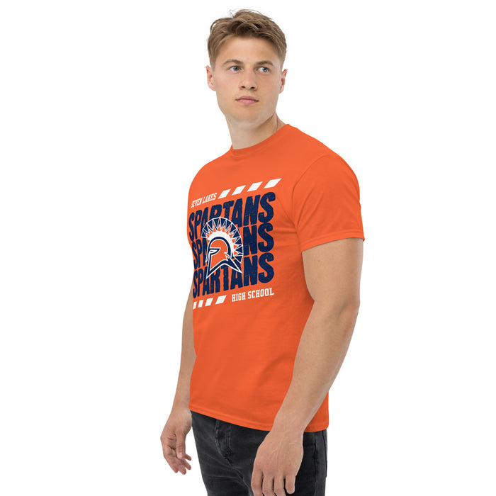 Man wearing Seven Lakes High School Spartans Orange Classic Unisex T-shirt 223
