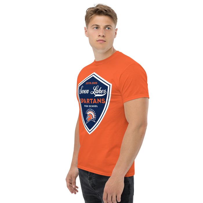 Man wearing Seven Lakes High School Spartans Orange Classic Unisex T-shirt 225