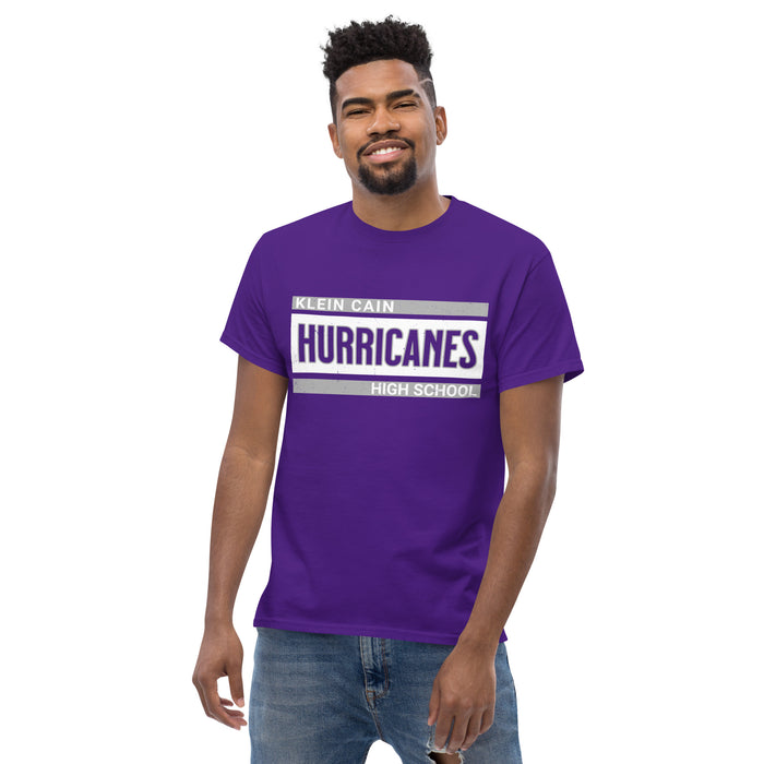 Man wearing Klein Cain High School Hurricanes Purple Classic Unisex T-shirt 098