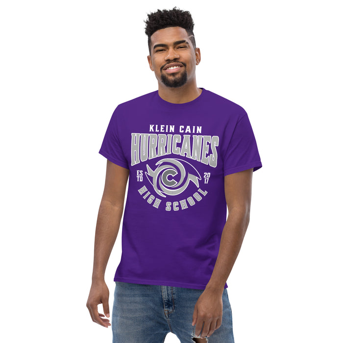 Man wearing Klein Cain High School Hurricanes Purple Classic Unisex T-shirt 213