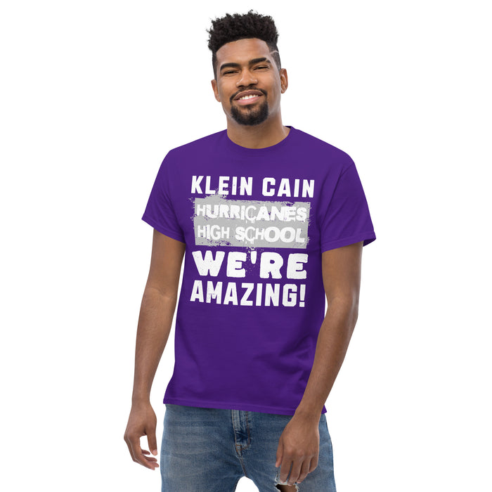 Man wearing Klein Cain High School Hurricanes Purple Classic Unisex T-shirt 231