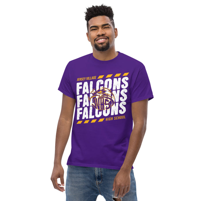 Front view of Jersey Village High School Falcons Purple Classic Unisex T-shirt 223 Jersey Village High School Falcons Purple Classic Unisex T-shirt 223