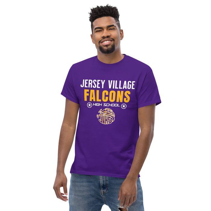 Front view of Jersey Village High School Falcons Purple Classic Unisex T-shirt 003