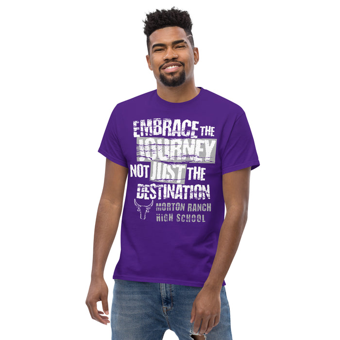 Front view of Morton Ranch High School Mavericks Purple Classic Unisex T-shirt 232