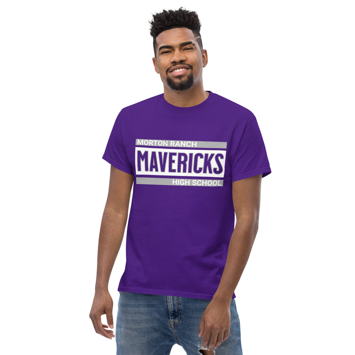 Front view of Morton Ranch High School Mavericks Purple Classic Unisex T-shirt 098