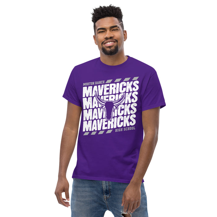 Man wearing Morton Ranch High School Mavericks Purple Classic Unisex T-shirt 223