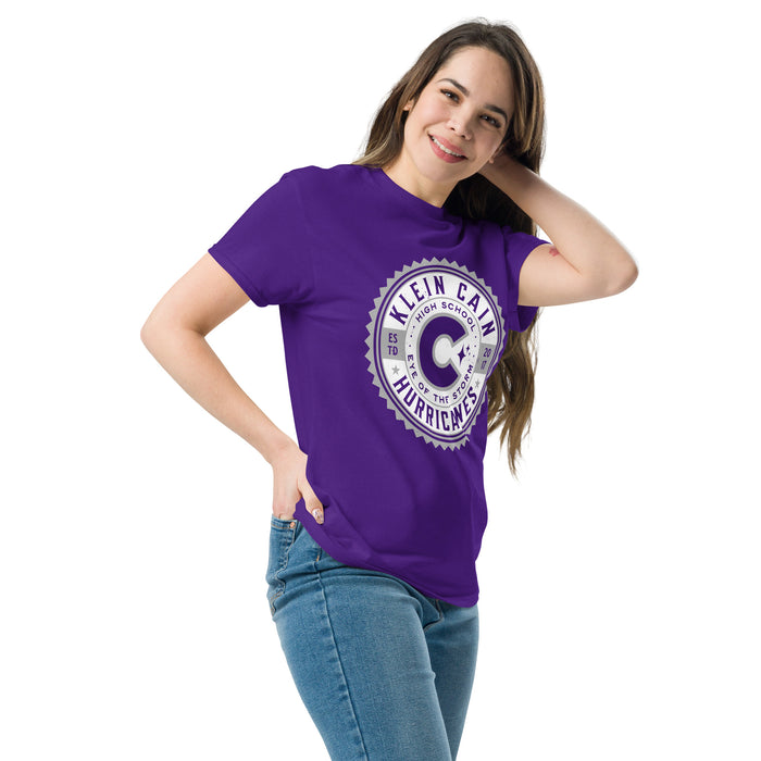 Woman wearing Klein Cain High School Hurricanes Purple Classic Unisex T-shirt 203