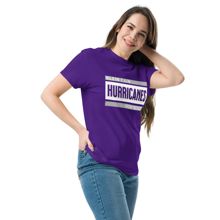 Woman wearing Klein Cain High School Hurricanes Purple Classic Unisex T-shirt 098