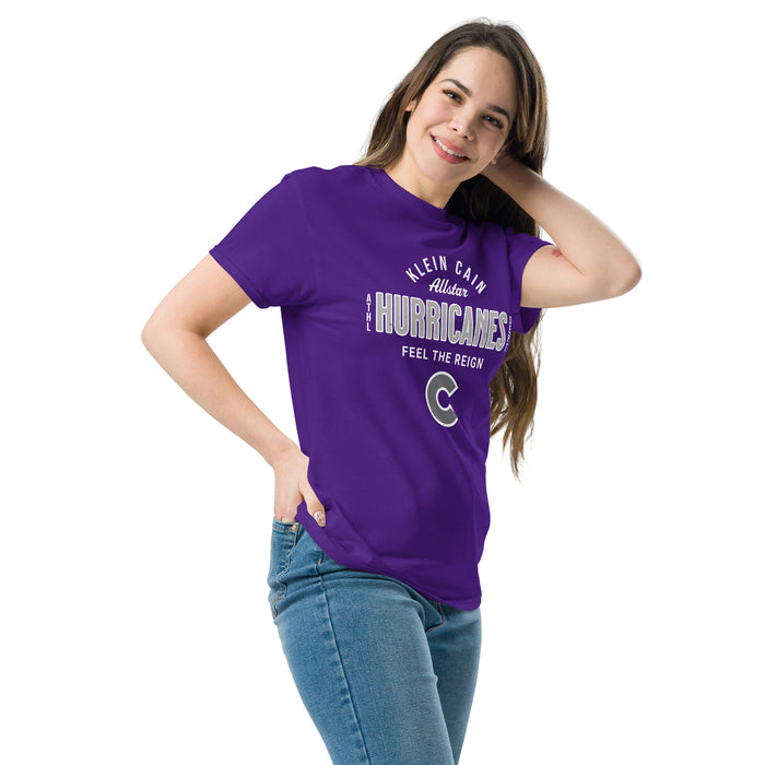 Woman wearing Klein Cain High School Hurricanes Purple Classic Unisex T-shirt 040