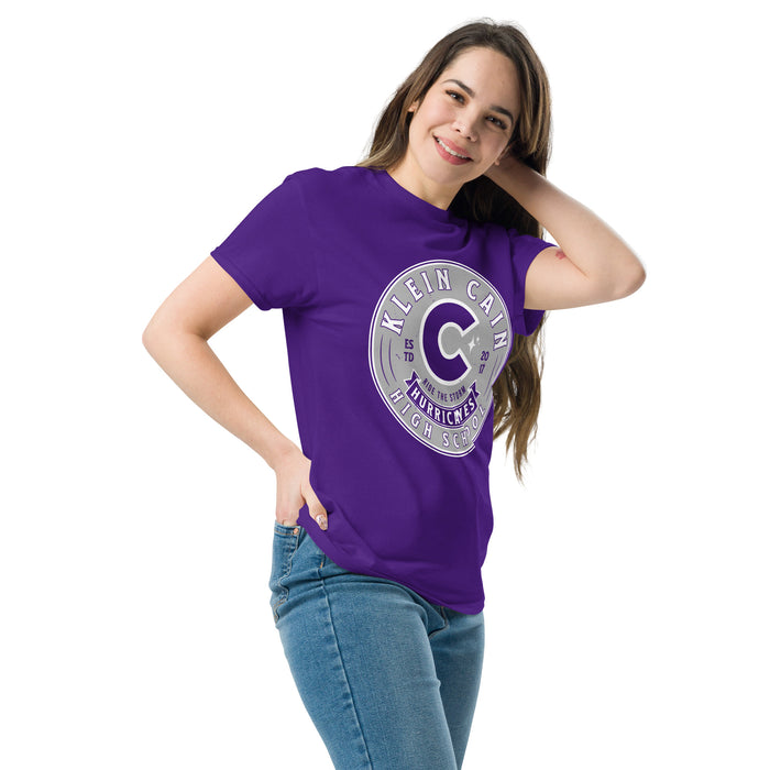 Woman wearing Klein Cain High School Hurricanes Purple Classic Unisex T-shirt 215