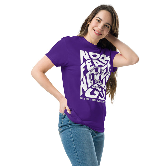 Woman wearing Klein Cain High School Hurricanes Purple Classic Unisex T-shirt 236
