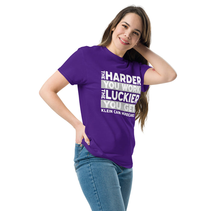 Woman wearing Klein Cain High School Hurricanes Purple Classic Unisex T-shirt 238