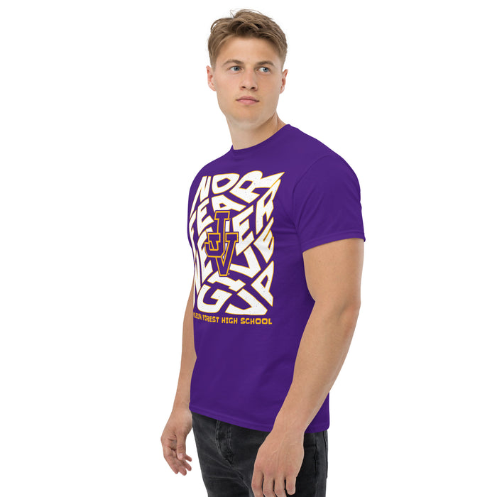 Man wearing Jersey Village High School Falcons Purple Classic Unisex T-shirt 236