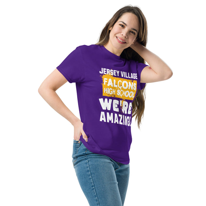 Woman wearing Jersey Village High School Falcons Purple Classic Unisex T-shirt 231