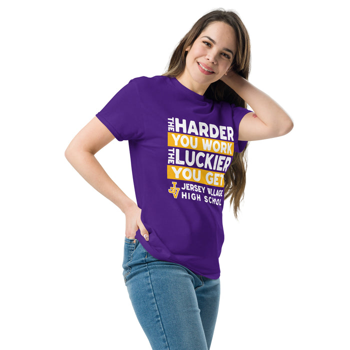 Woman wearing Jersey Village High School Falcons Purple Classic Unisex T-shirt 238
