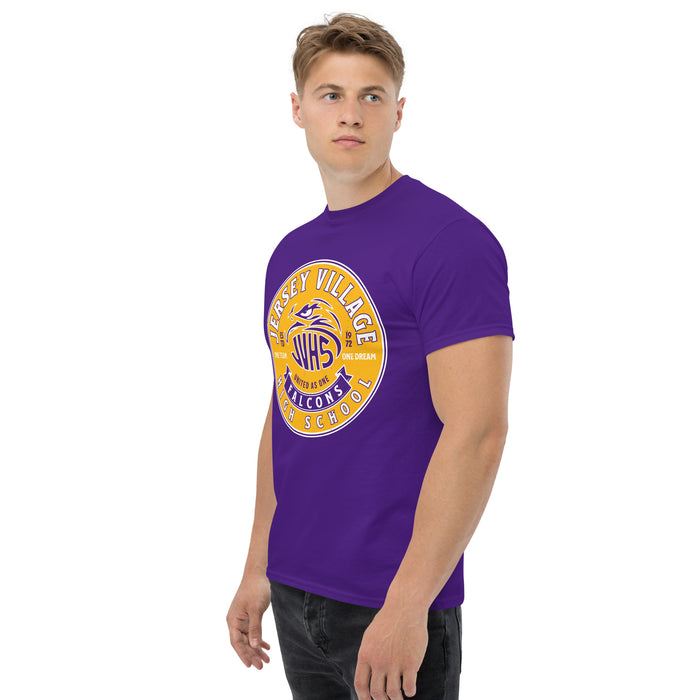 Man wearing Jersey Village High School Falcons Purple Classic Unisex T-shirt 215