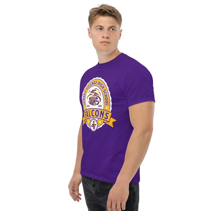 Man wearing Jersey Village High School Falcons Purple Classic Unisex T-shirt 212