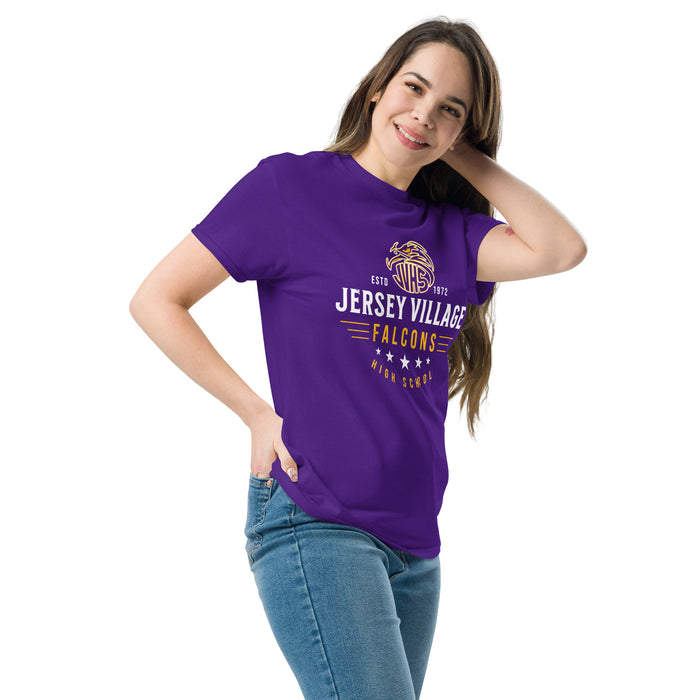 Woman wearing Jersey Village High School Falcons Purple Classic Unisex T-shirt 217