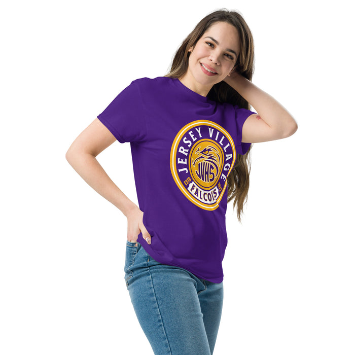 Woman wearing Jersey Village High School Falcons Purple Classic Unisex T-shirt 220