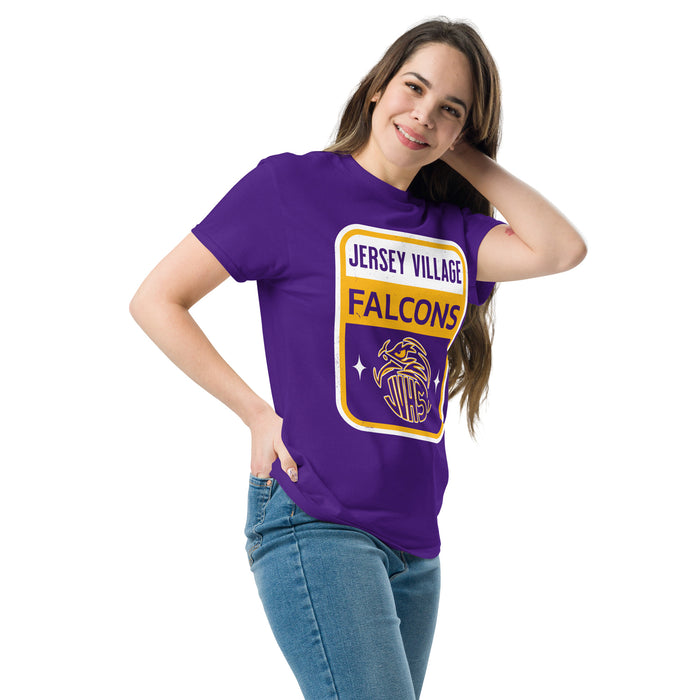 Woman wearing Jersey Village High School Falcons Purple Classic Unisex T-shirt 001