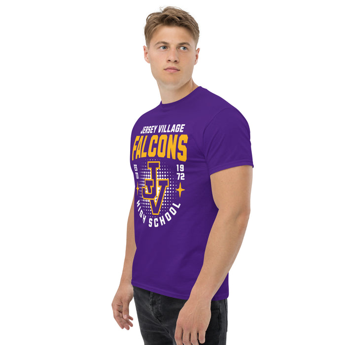 Man wearing Jersey Village High School Falcons Purple Classic Unisex T-shirt 204