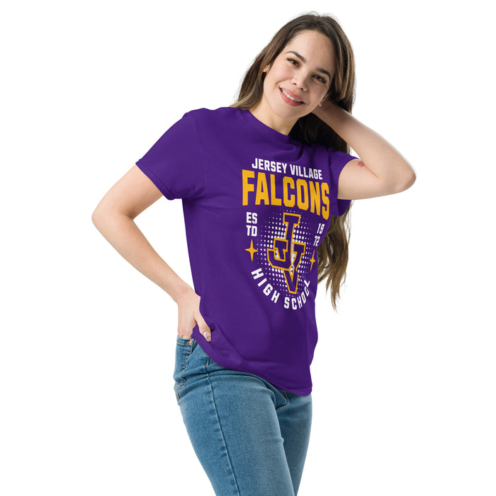 Woman wearing Jersey Village High School Falcons Purple Classic Unisex T-shirt 204
