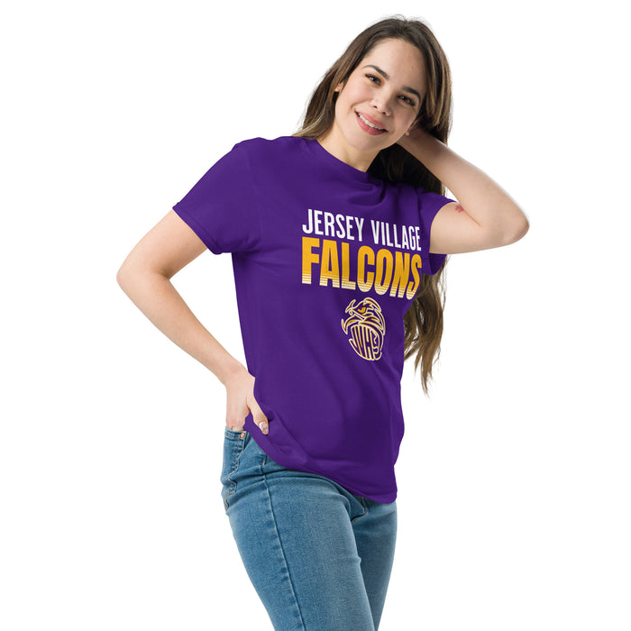 Woman wearing Jersey Village High School Falcons Purple Classic Unisex T-shirt 024