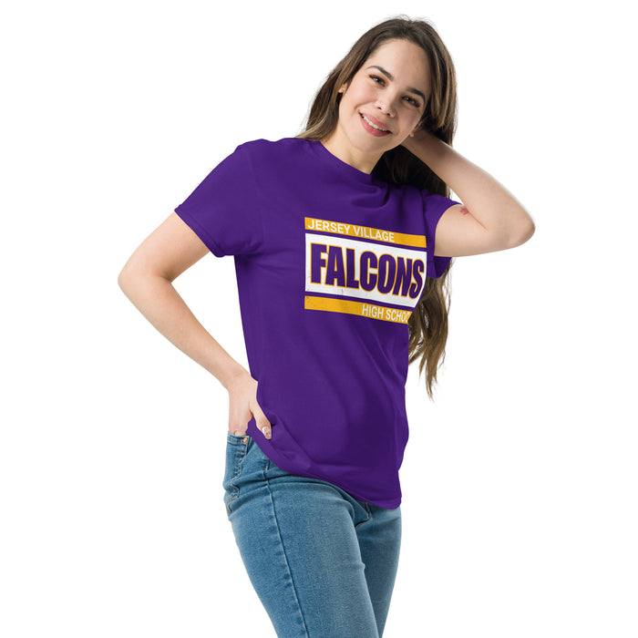 Woman wearing Jersey Village High School Falcons Purple Classic Unisex T-shirt 098