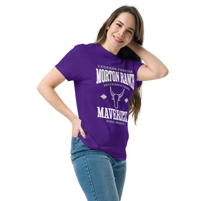 Woman wearing Morton Ranch High School Mavericks Purple Classic Unisex T-shirt 230