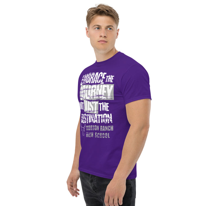 Man wearing Morton Ranch High School Mavericks Purple Classic Unisex T-shirt 232