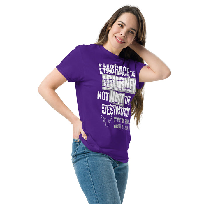Woman wearing Morton Ranch High School Mavericks Purple Classic Unisex T-shirt 232