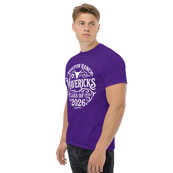 Man wearing Morton Ranch High School Mavericks Purple Classic Unisex T-shirt 254