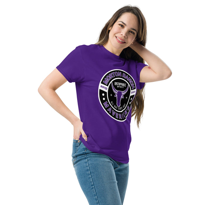 Woman wearing Morton Ranch High School Mavericks Purple Classic Unisex T-shirt 239