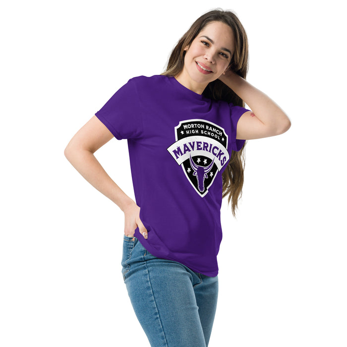 Woman wearing Morton Ranch High School Mavericks Purple Classic Unisex T-shirt 221