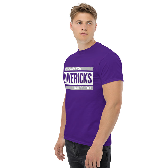 Man wearing Morton Ranch High School Mavericks Purple Classic Unisex T-shirt 098