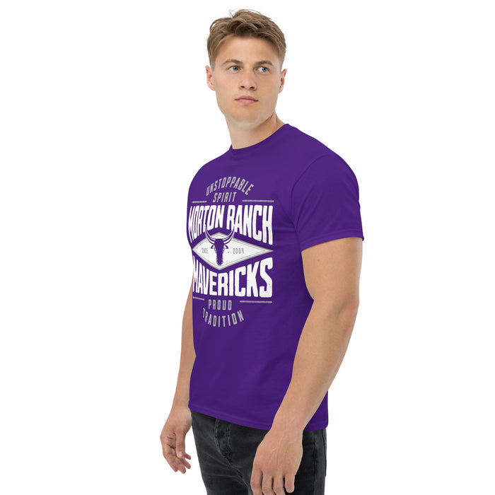 Man wearing Morton Ranch High School Mavericks Purple Classic Unisex T-shirt 210