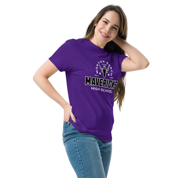 Woman wearing Morton Ranch High School Mavericks Purple Classic Unisex T-shirt 222
