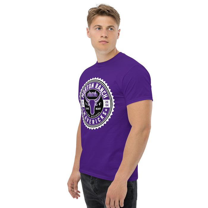 Man wearing Morton Ranch High School Mavericks Purple Classic Unisex T-shirt 203