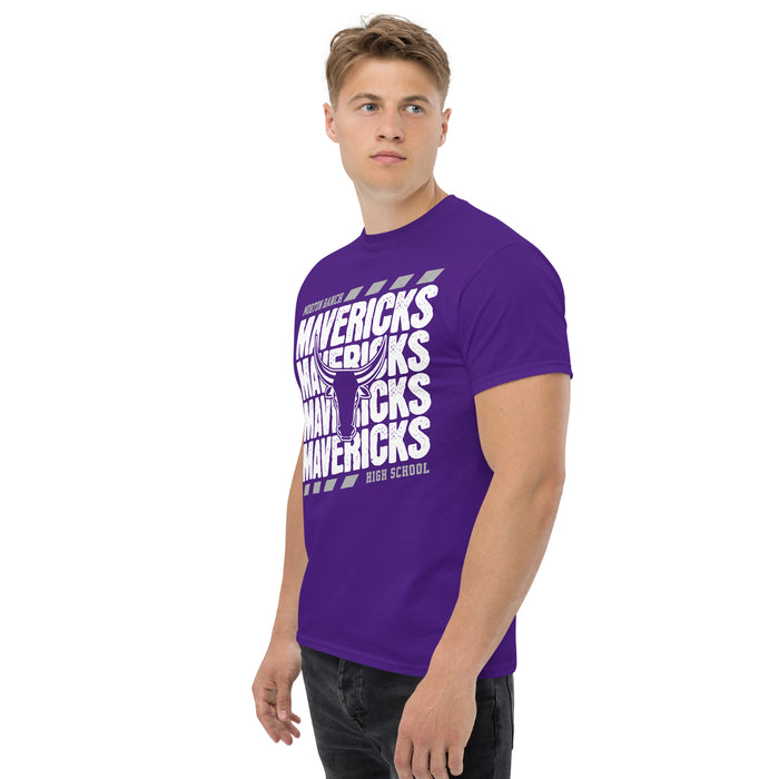 Man wearing Morton Ranch High School Mavericks Purple Classic Unisex T-shirt 223