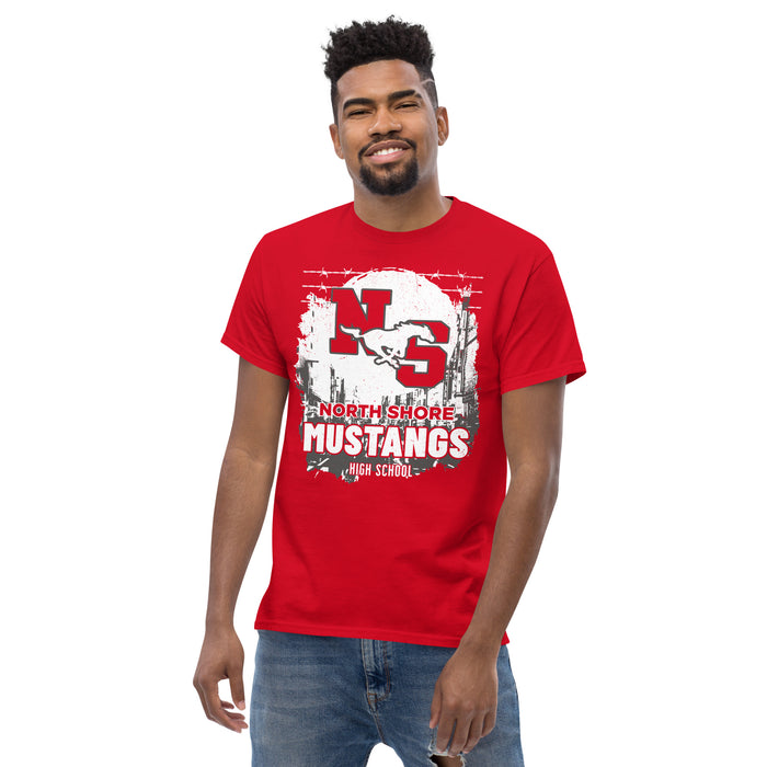 Man wearing North Shore High School Mustangs Red Classic Unisex T-shirt 202