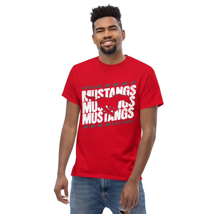 Man wearing North Shore High School Mustangs Red Classic Unisex T-shirt 223