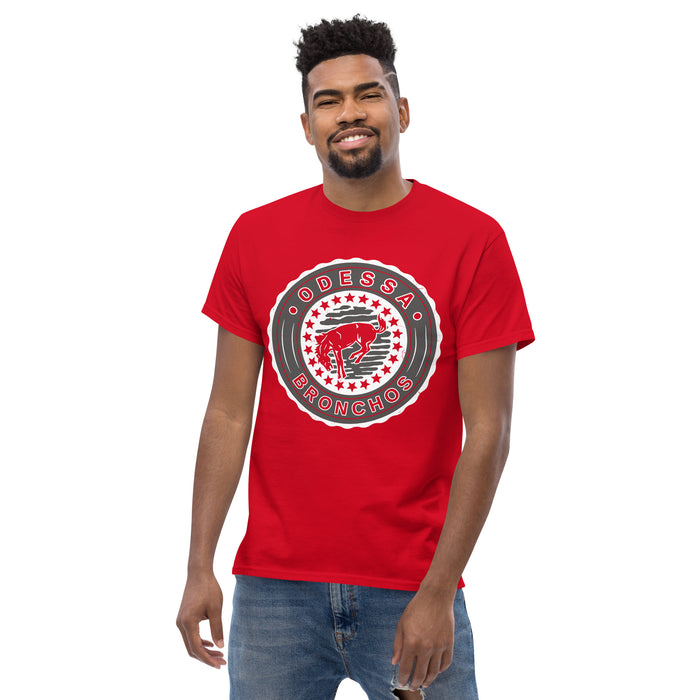 Man wearing Odessa High School Bronchos Red Classic Unisex T-shirt 216