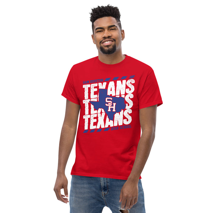 Man wearing Sam Houston High School Texans Red Classic Unisex T-shirt 223